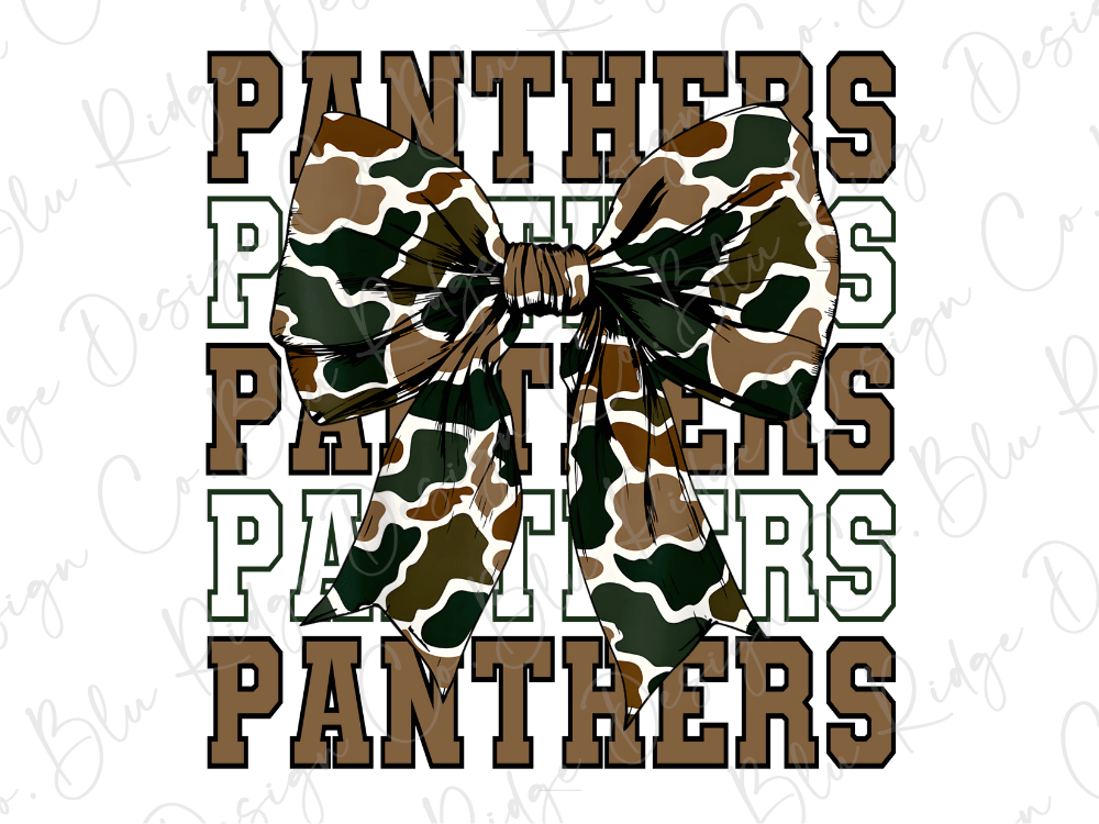 A camouflage bow with the word "Panthers" written in a repeating pattern of brown and green letters.