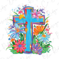 A vibrant and colorful illustration of a cross surrounded by a variety of flowers in different shapes, sizes, and hues, creating a lively and visually striking composition.