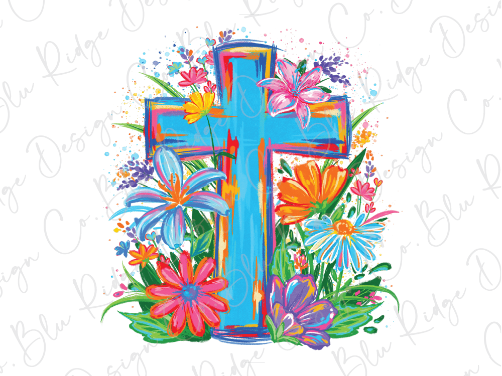 A vibrant and colorful illustration of a cross surrounded by a variety of flowers in different shapes, sizes, and hues, creating a lively and visually striking composition.