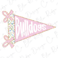 A pink triangular flag with the word "Bulldogs" written on it, along with two pink bows.