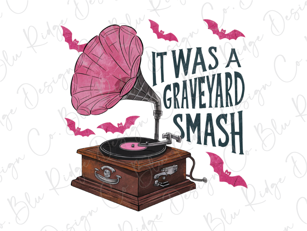 a pink record player with bats around it