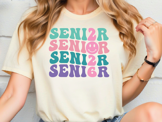 a woman wearing a t - shirt that says senior senior senior senior