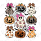 A collection of whimsical Halloween-themed ghost characters, each with unique features and designs, including leopard print, checkered patterns, and floral accents.
