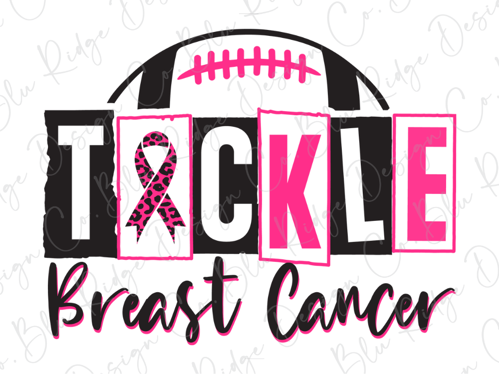 a football with a pink ribbon on it, accompanied by the text "TACKLE Breast Cancer" in a stylized font.