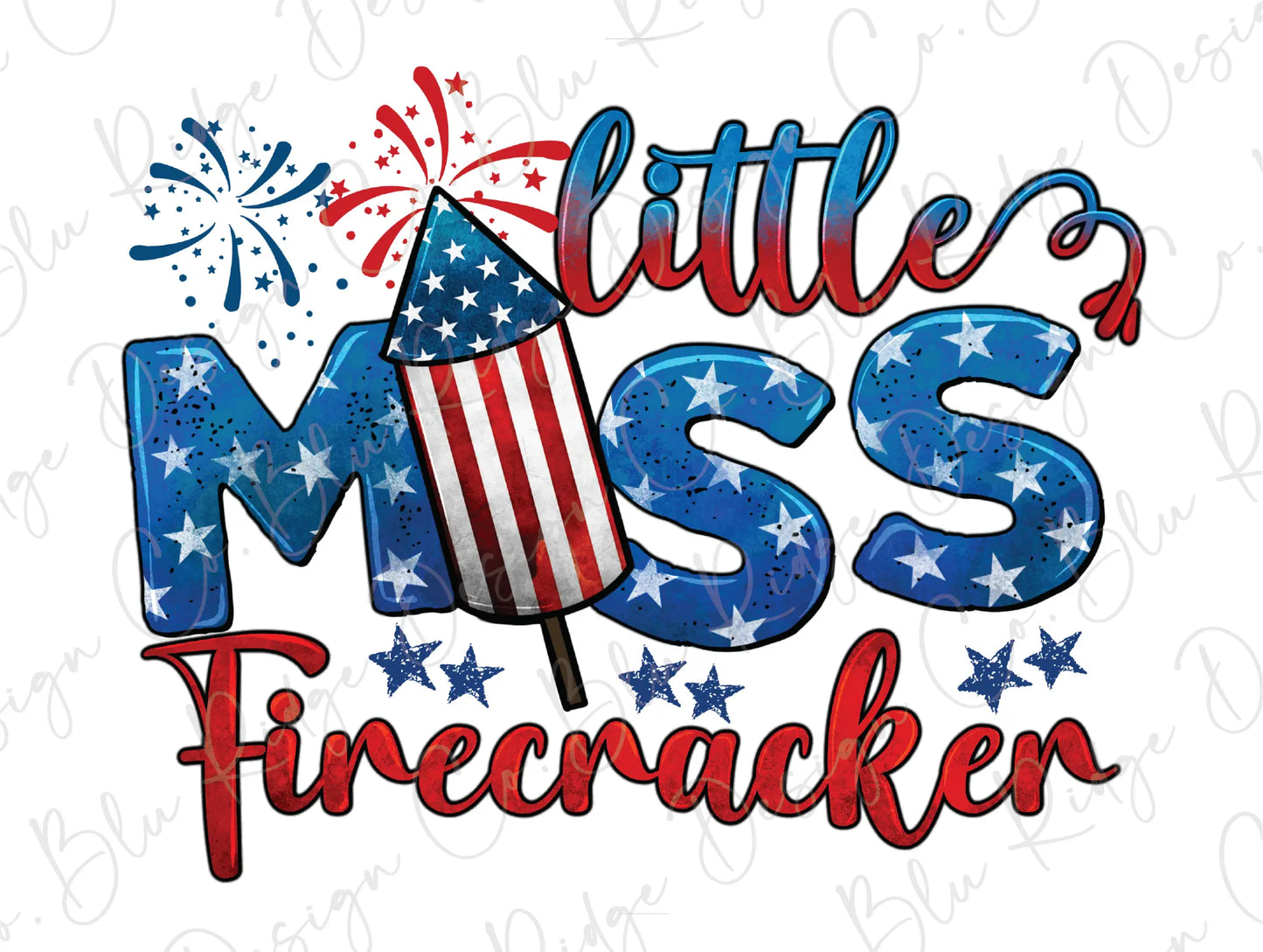 a red, white and blue fireworks sticker that says, little miss firecr
