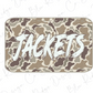 A camouflage-patterned object with the word "JACKETS" written on it in a stylized font.
