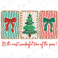 A festive Christmas-themed collage with a green and white striped frame, a red bow, and a green bow on a red and white striped background. The collage is titled "It's the most wonderful time of the year!" and features a Christmas tree with red and green ornaments.