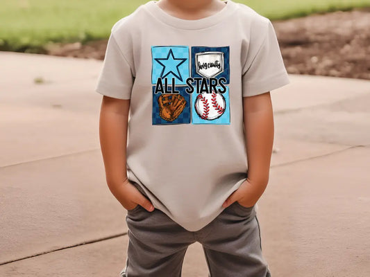 a young boy wearing a t - shirt that says all star baseball