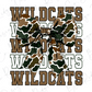 A camouflage bow tie with the word "WILDCATS" written in a bold, brown font.