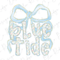 a blue ribbon with the word "Blue Tide" written on it, surrounded by a floral pattern.