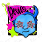 A colorful and whimsical illustration featuring a blue cartoon character with horns, eyes, and stars, along with a pink banner with the word "Devils" written on it.