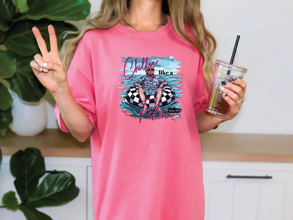 a woman in a pink shirt holding a drink and peace sign