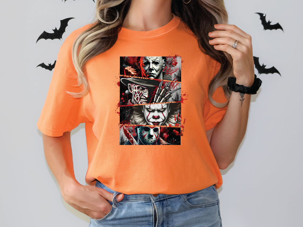 a woman wearing an orange shirt with a picture of a clown on it