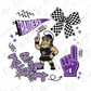 a cartoon character wearing a black outfit and helmet, with a checkered flag and a purple foam finger in the background. The text "RAIDERS" is prominently displayed, along with the phrase "Let's go RAIDERS" written in purple.