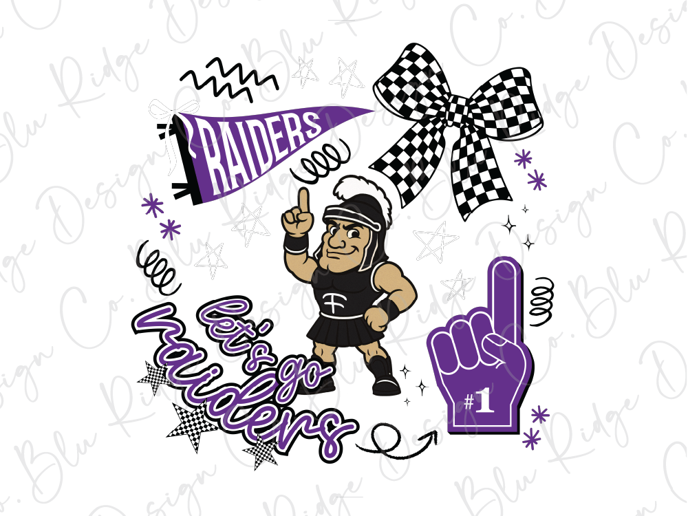 a cartoon character wearing a black outfit and helmet, with a checkered flag and a purple foam finger in the background. The text "RAIDERS" is prominently displayed, along with the phrase "Let's go RAIDERS" written in purple.