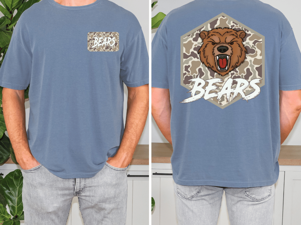 a man wearing a blue t-shirt with a graphic of a bear and the word "BEARS" printed on it.