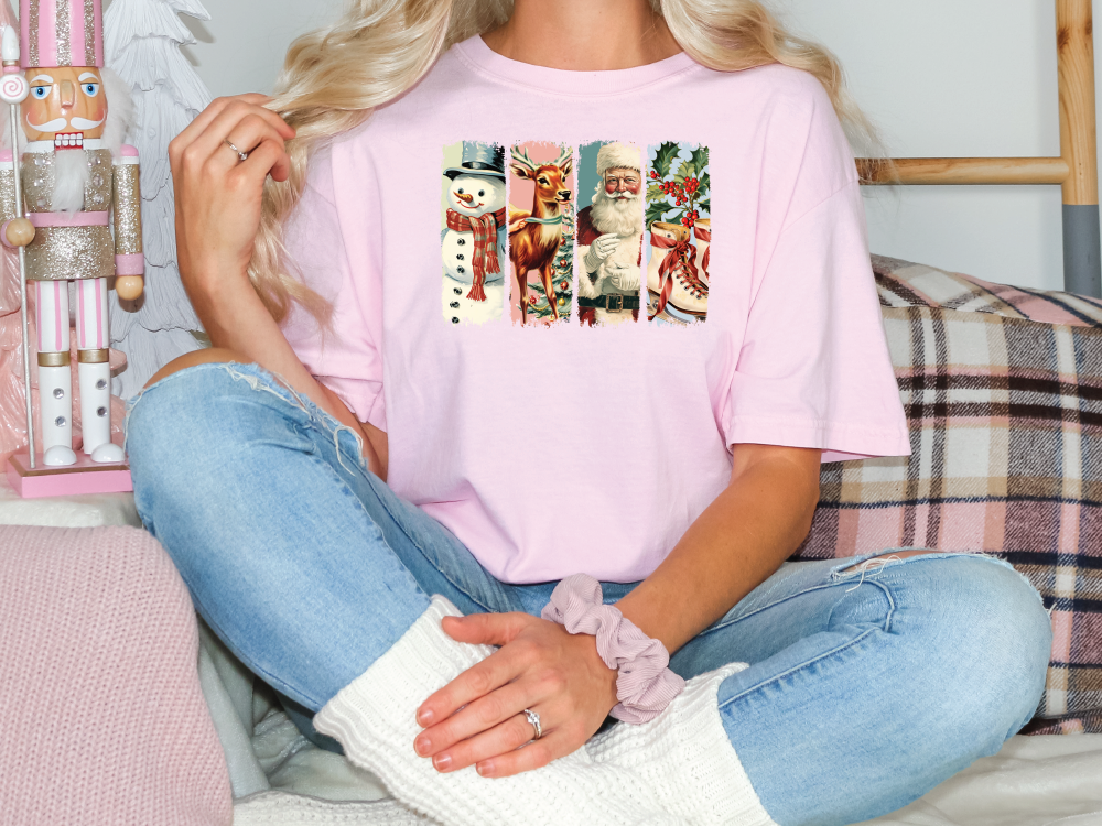 a woman sitting on a bed wearing a pink shirt