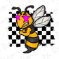 A cartoon bee with large eyes and a yellow body is depicted against a black and white checkered background.