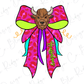 A cartoon illustration of a buffalo head wearing a pink and green bow with the word "Buckholes" written on it.