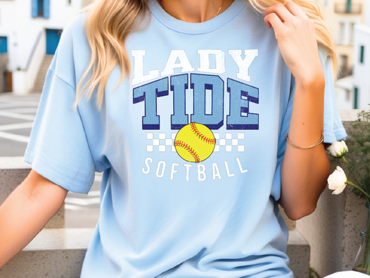 A woman wearing a light blue t-shirt with the text "LADY TIDE SOFTBALL" printed on it.