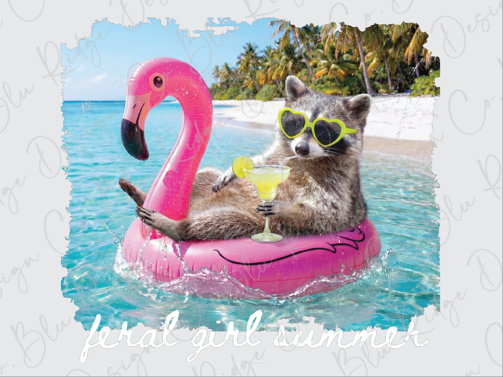 A raccoon wearing sunglasses and holding a drink is sitting on a pink flamingo-shaped float in the ocean, with a beach and palm trees in the background.