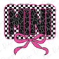 a black and white cheetah print with a pink bow