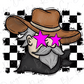 A cartoon illustration of a man wearing a cowboy hat and sunglasses with pink stars, set against a black and white checkered background.