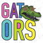 A colorful graphic design featuring the letters 'GATORS' with a cartoon alligator wearing sunglasses and a star on its forehead.