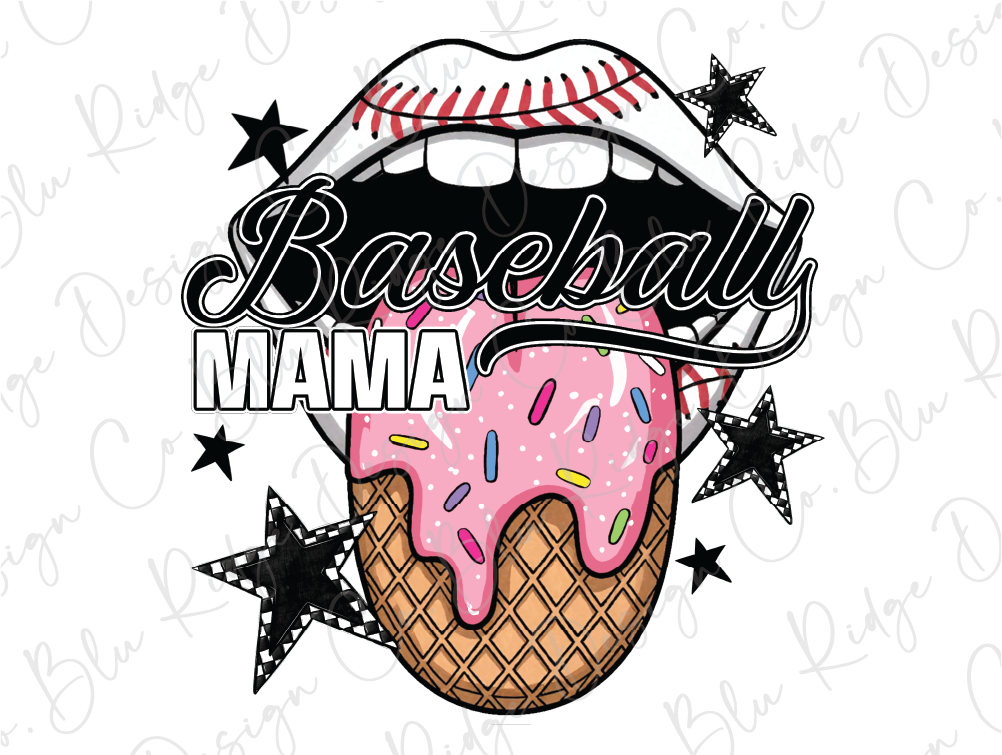 a baseball mom ice cream cone with a pink frosting and sprinkles