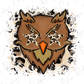 A stylized illustration of an owl with star-shaped eyes and a leopard print pattern, set against a background with splatter-like effects.