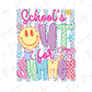 The image is a colorful and playful design featuring a smiling face, a bow, and various summer-themed elements such as flowers, stars, and polka dots. The text "School's Out for Summer" is prominently displayed, suggesting a seasonal or summer-themed design.