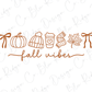 a collection of fall-themed icons and text, including a pumpkin, a coffee cup, a scarf, a bow, a leaf, and the phrase "fall vibes".