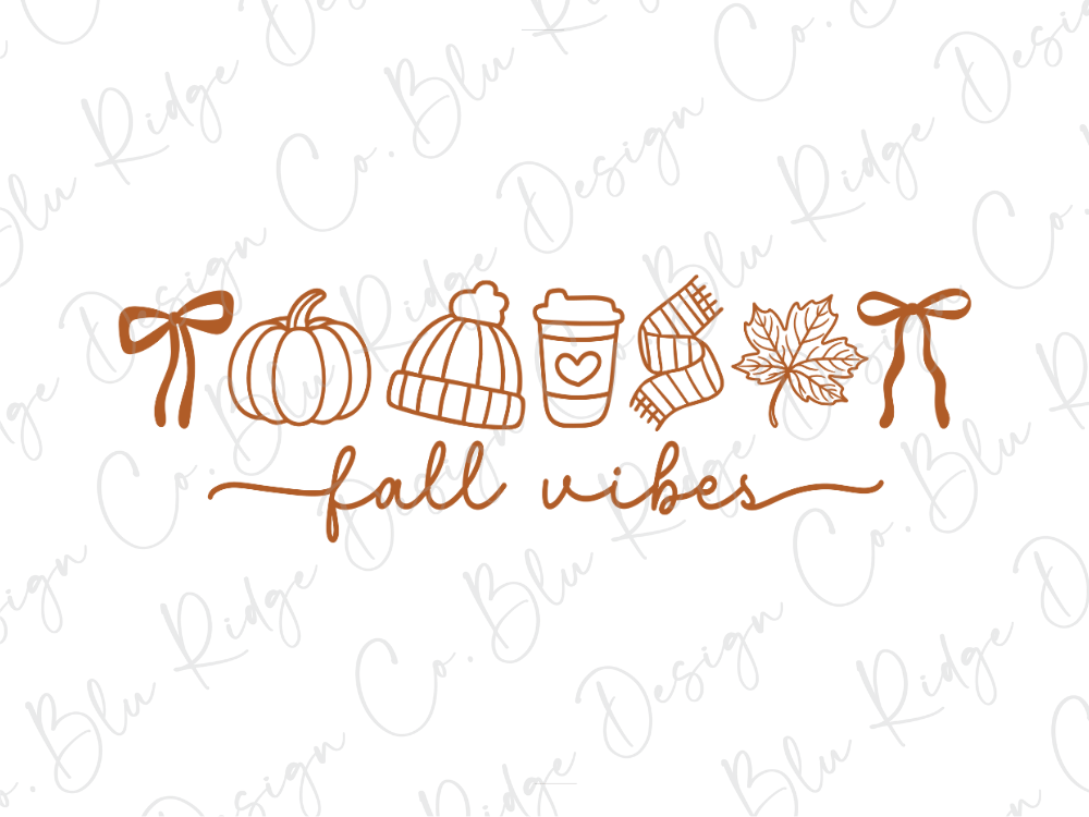 a collection of fall-themed icons and text, including a pumpkin, a coffee cup, a scarf, a bow, a leaf, and the phrase "fall vibes".