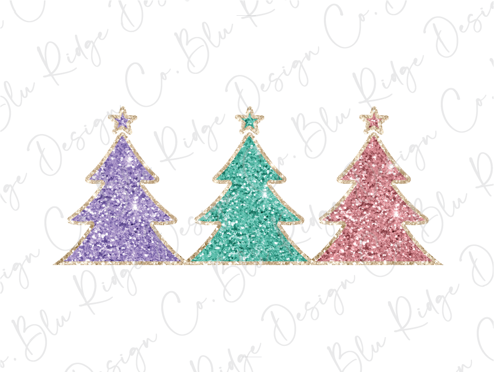 three glitter christmas trees on a white background