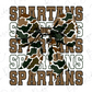 A camouflage bow with the word "SPARTANS" written in a bold, capitalized font.