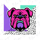 A bold and colorful illustration of a bulldog's head, with a mix of pink, purple, and teal colors, set against a background of geometric shapes and polka dots.