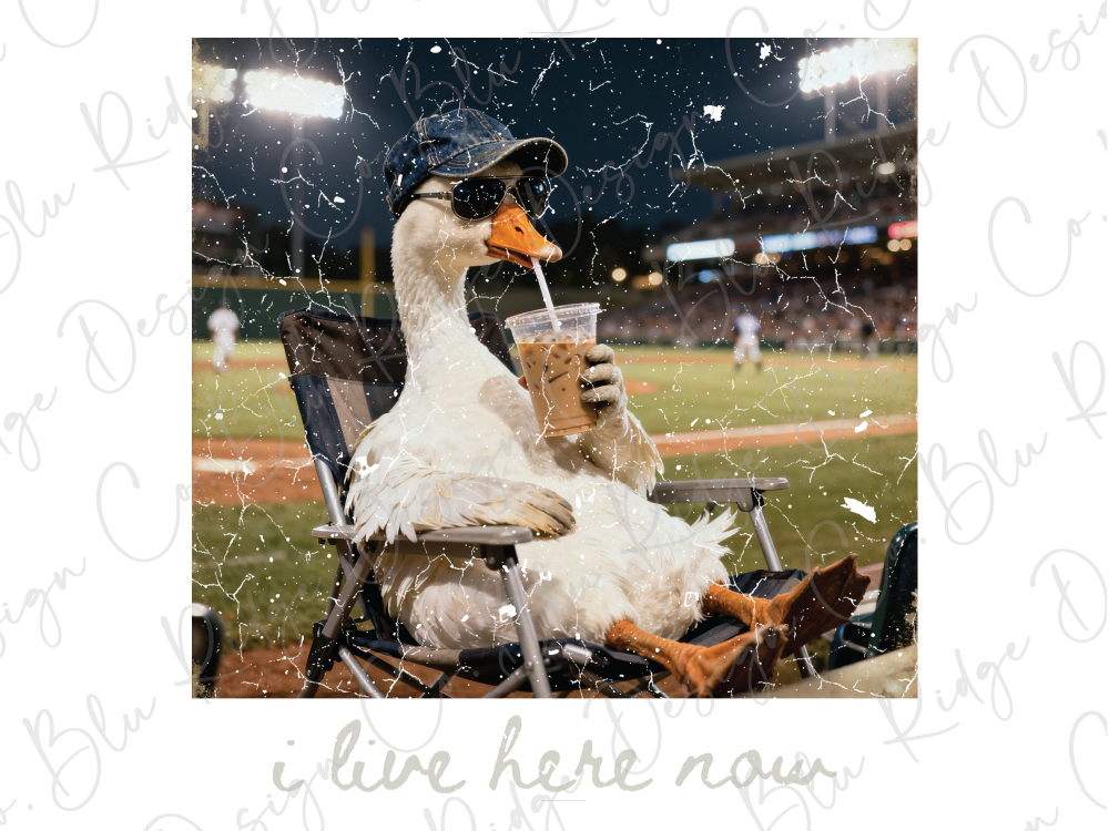 A duck wearing sunglasses and a baseball cap is sitting in a chair, holding a drink and appearing relaxed in a stadium setting.