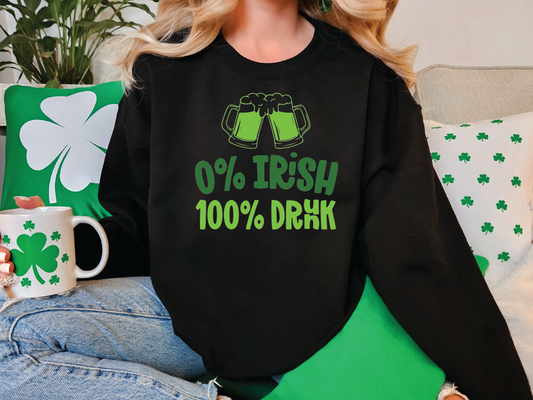 a woman sitting on a couch wearing a st patrick's day sweatshirt