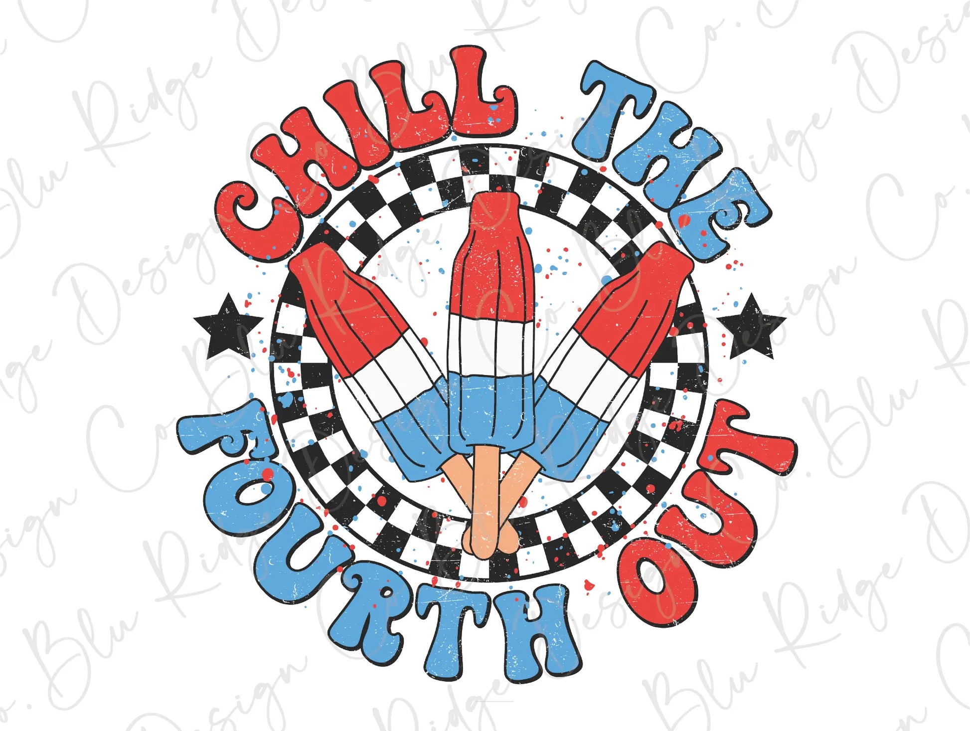 a red, white and blue rocket ship with the words chill the fourth on it