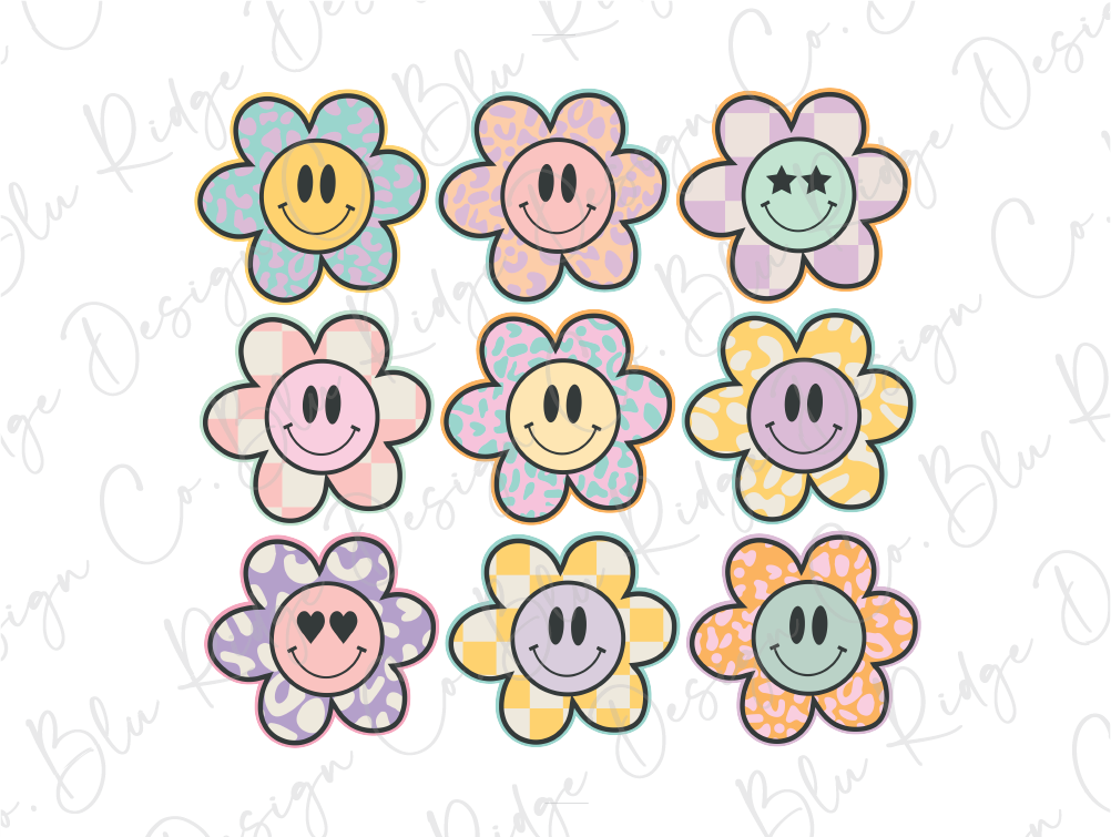 a bunch of flowers with smiley faces on them