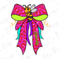A colorful illustration of a bee with a large pink bow featuring a leopard print pattern.
