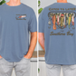 a man wearing a blue t-shirt with a graphic design featuring fishing lures and the text "Catch Ya Later Southern Boy".