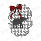 A silhouette of an elephant is depicted within a houndstooth pattern, with a red bow tied around its neck.