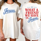 two women wearing white t-shirts with text printed on them. The text on the back of the t-shirts says "What a Friend We Have in Jesus".