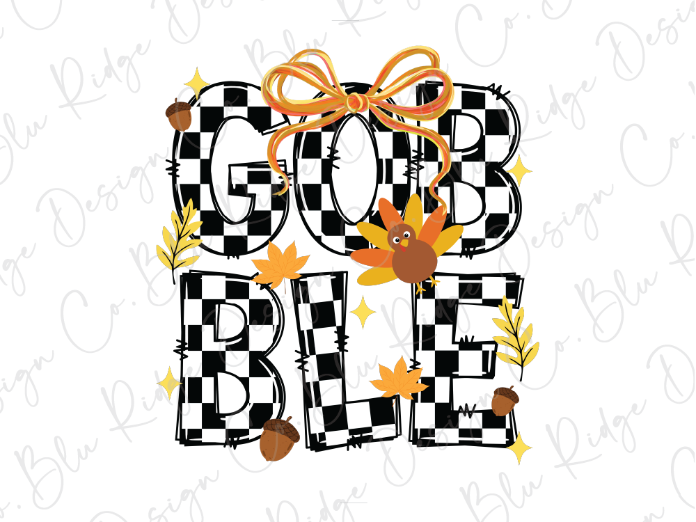 a stylized representation of the word "GOBBLE" with decorative elements such as a bow, leaves, and acorns.