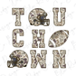 the word "TOUCHDOWN" formed by the letters T, O, C, H, and D, along with a football depicted in the shape of the word "TOUCHDOWN".