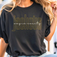 A woman wearing a black t-shirt with the text "jackets" printed on it.