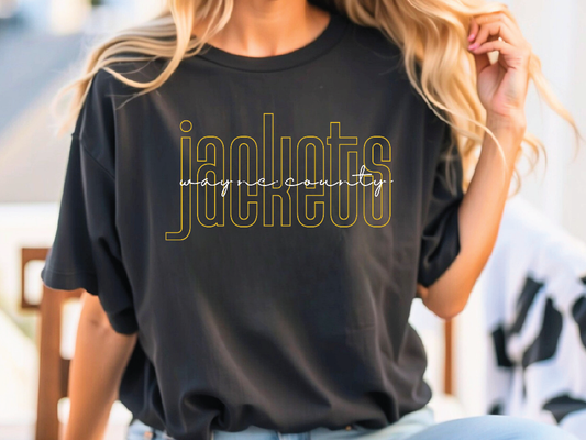 A woman wearing a black t-shirt with the text "jackets" printed on it.