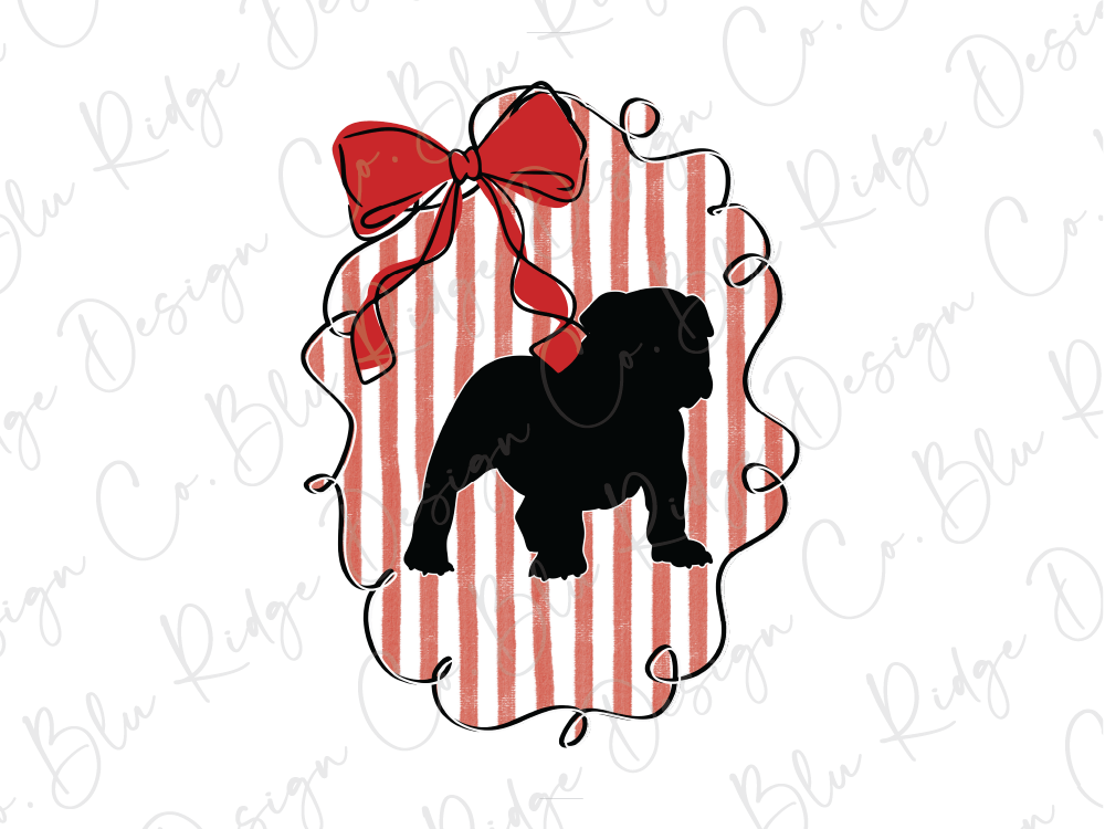 A silhouette of a bulldog is depicted against a background of red and white striped patterns, with a red bow tied around the dog's neck.