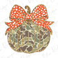 a camouflage pumpkin with a bow on it